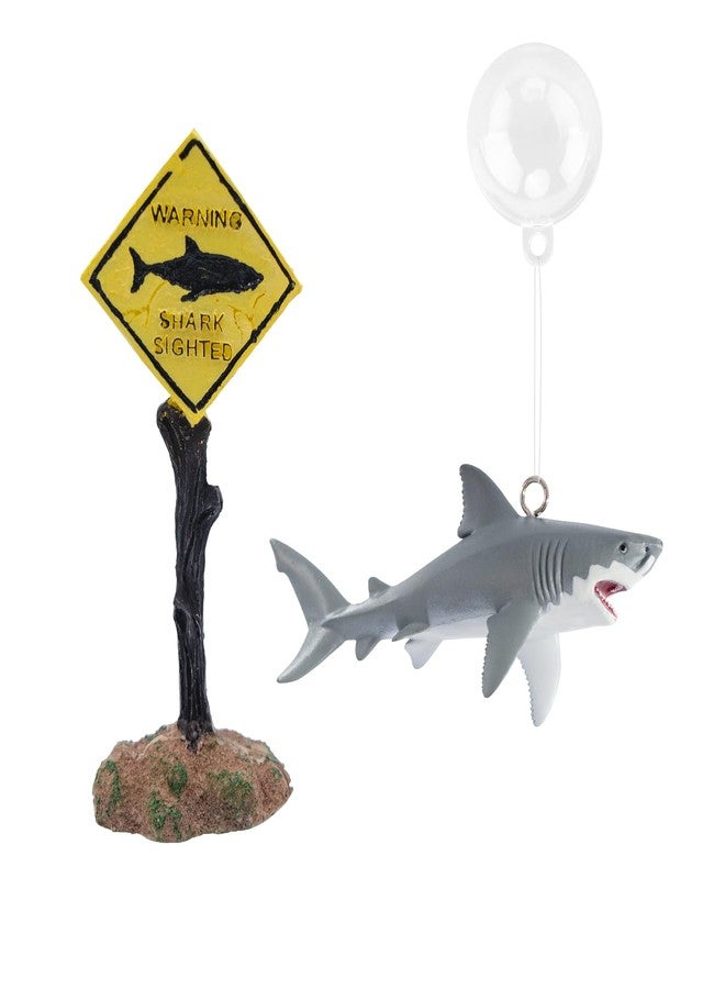 MHLLGN Fish Tank Decor Set, Plastic Great White Shark Statue with Floating Ball and a Warning Sign Decor, Fish Tank Decorations, Fish Aquariums Accessories, Aquarium Decor - Image 1
